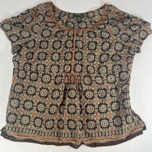 EDDIE BAUER Women's Lightweight Top Sz 3X Boho Brown/Orange Peasant Embroidered